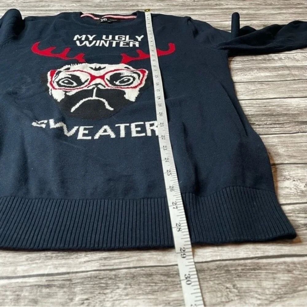 Men's Ugly Christmas Sweater Pug Antlers XL Navy Funny Holiday Pullover
